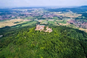 An aerial view of a forested hilltop in Germany.